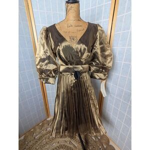 Vintage BB Collections shiny 'Olive Gold' Huge Sheer puff sleeve pleated Dress